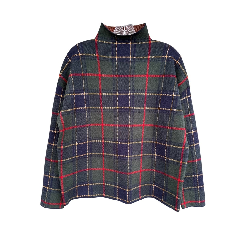 Tahari Green Plaid Mock Neck Sweater Womens‎ Large Long Sleeve Rayon Blend Knit